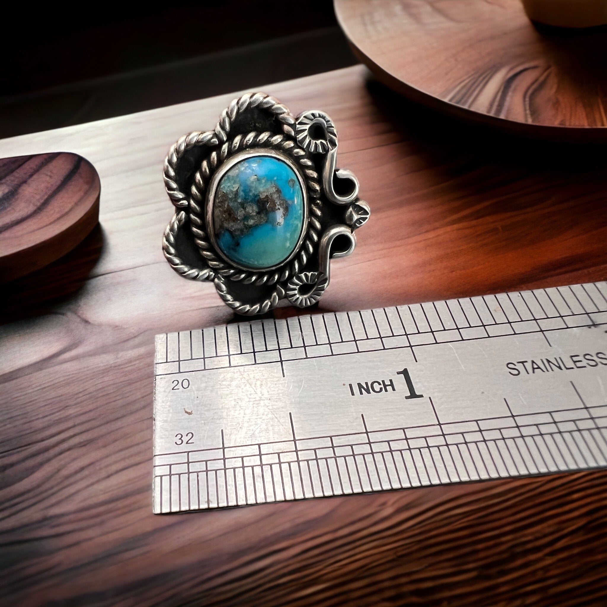 Turquoise ring - Turquoise on hand stamped sterling - size 5 - Cowhide and Conchos