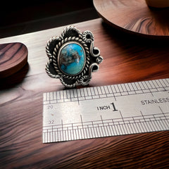 Turquoise ring - Turquoise on hand stamped sterling - size 5 - Cowhide and Conchos