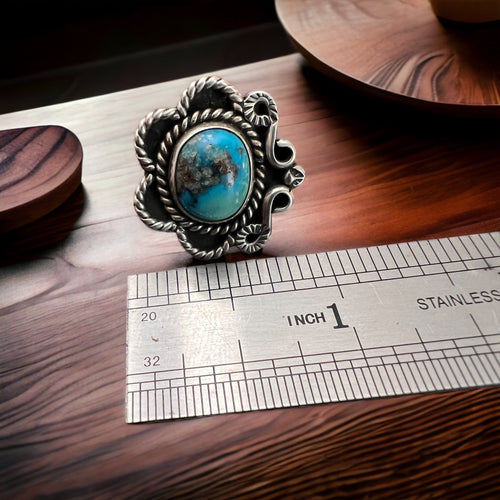Turquoise ring - Turquoise on hand stamped sterling - size 5 - Cowhide and Conchos