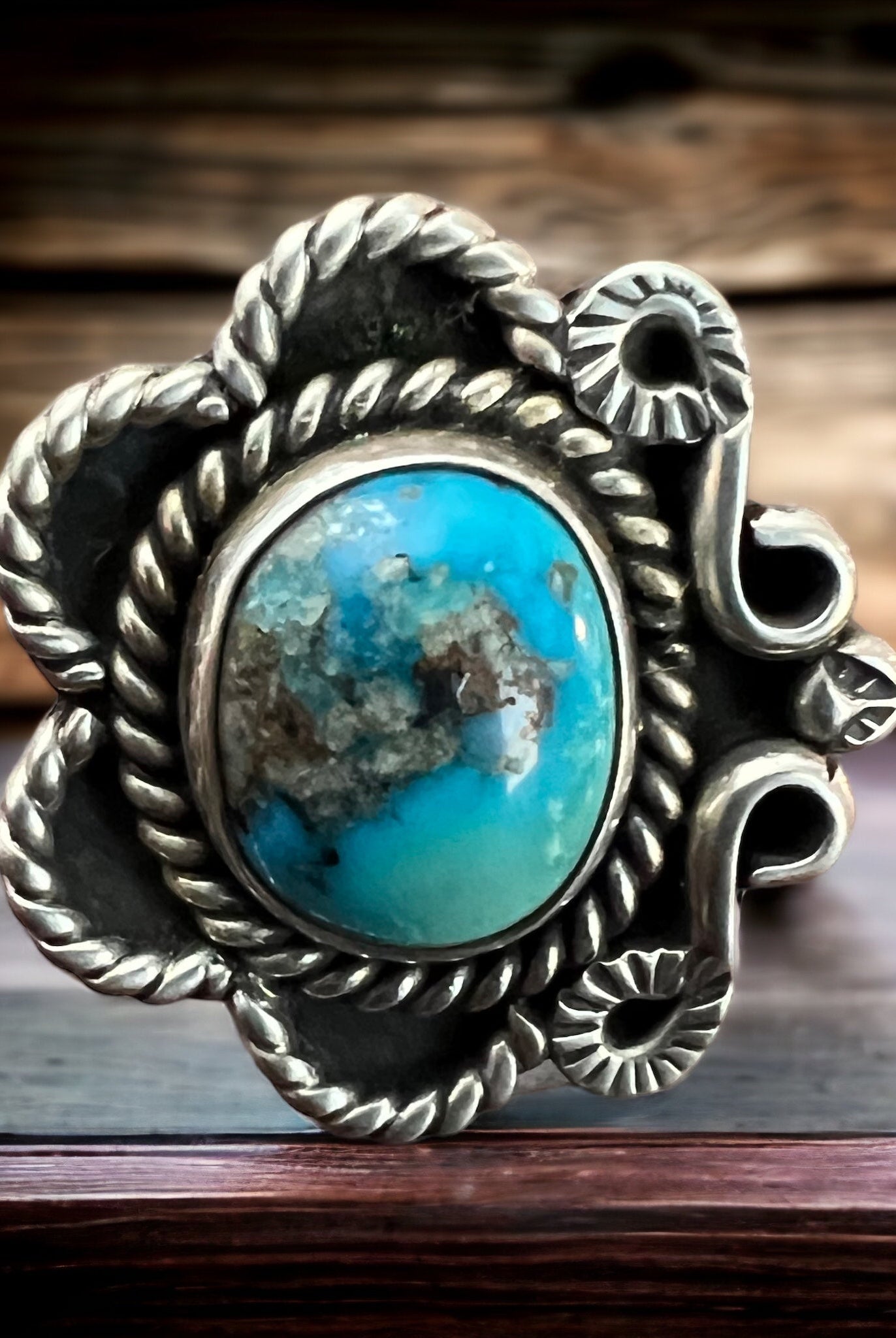 Turquoise ring - Turquoise on hand stamped sterling - size 5 - Cowhide and Conchos