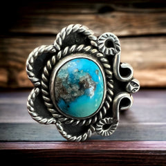 Turquoise ring - Turquoise on hand stamped sterling - size 5 - Cowhide and Conchos