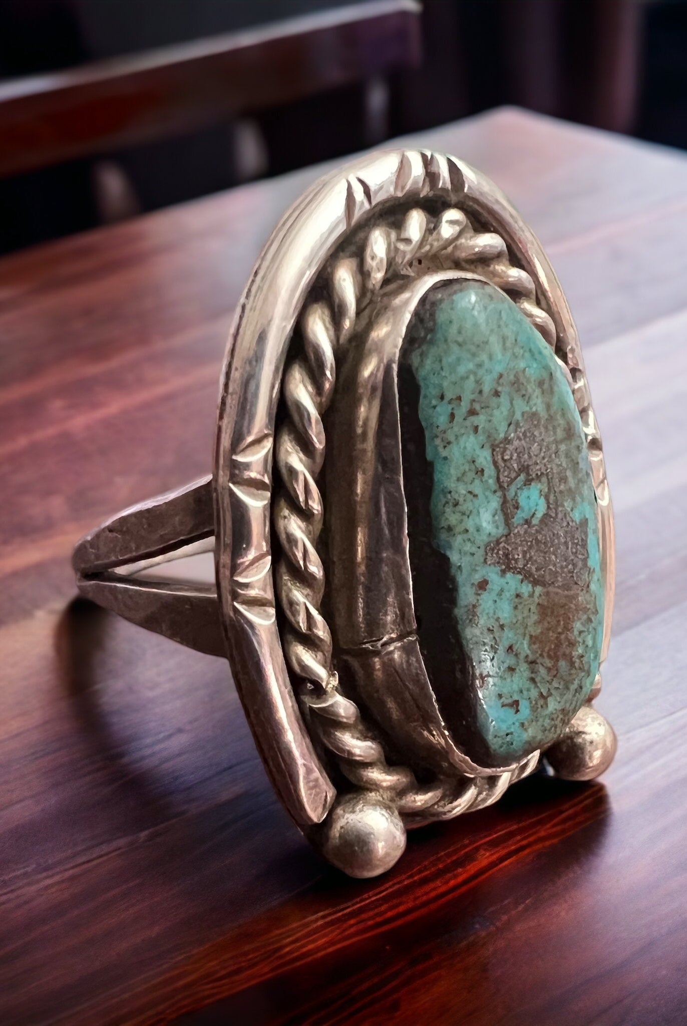 Turquoise ring - Turquoise on horseshoe shaped sterling back - size 6 - Cowhide and Conchos