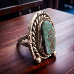 Turquoise ring - Turquoise on horseshoe shaped sterling back - size 6 - Cowhide and Conchos