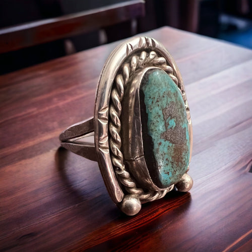 Turquoise ring - Turquoise on horseshoe shaped sterling back - size 6 - Cowhide and Conchos