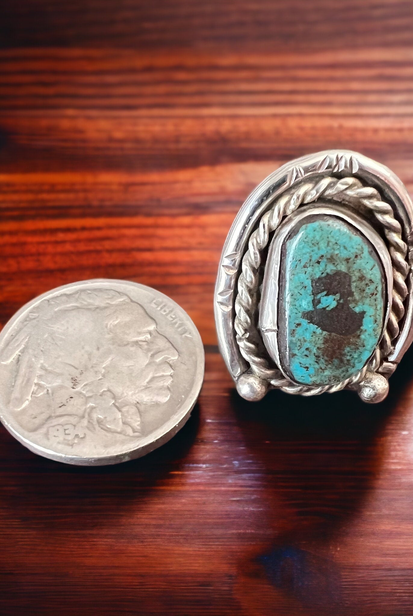 Turquoise ring - Turquoise on horseshoe shaped sterling back - size 6 - Cowhide and Conchos