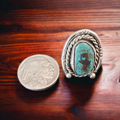 Turquoise ring - Turquoise on horseshoe shaped sterling back - size 6 - Cowhide and Conchos