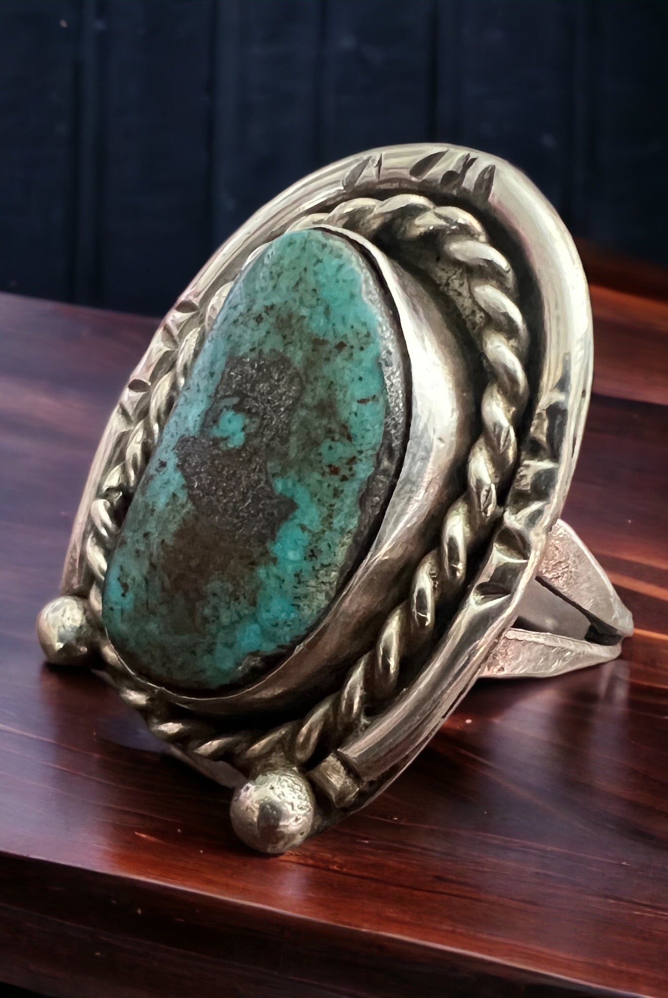 Turquoise ring - Turquoise on horseshoe shaped sterling back - size 6 - Cowhide and Conchos