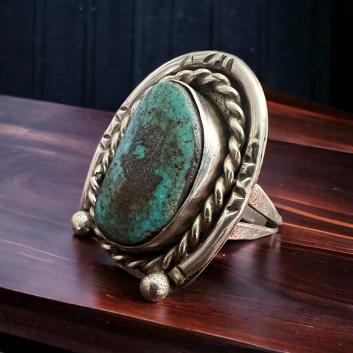 Turquoise ring - Turquoise on horseshoe shaped sterling back - size 6 - Cowhide and Conchos