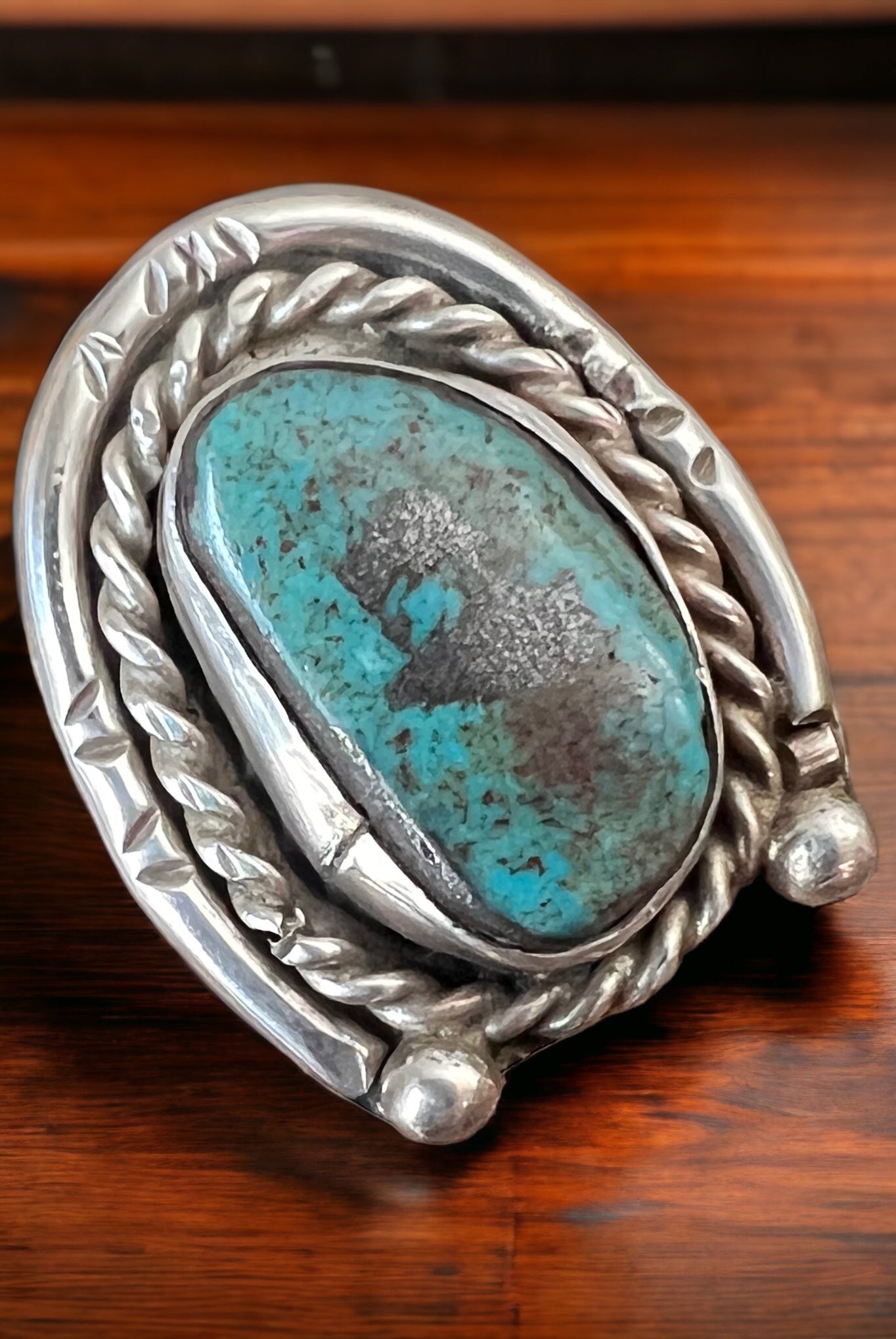 Turquoise ring - Turquoise on horseshoe shaped sterling back - size 6 - Cowhide and Conchos