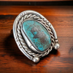 Turquoise ring - Turquoise on horseshoe shaped sterling back - size 6 - Cowhide and Conchos