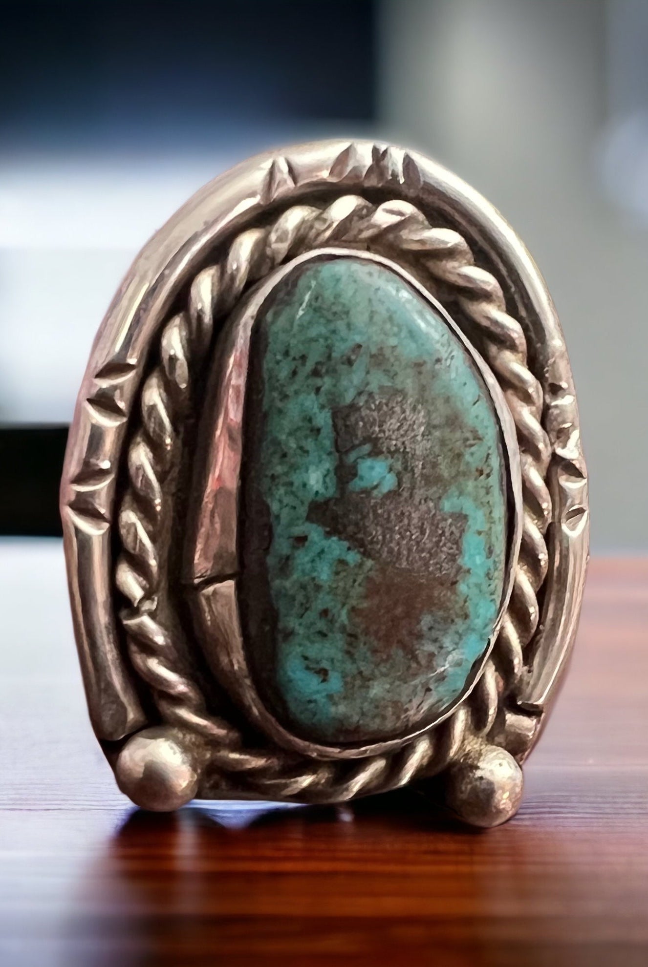 Turquoise ring - Turquoise on horseshoe shaped sterling back - size 6 - Cowhide and Conchos