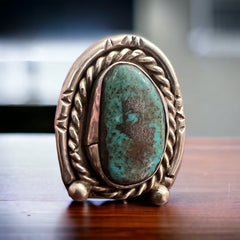 Turquoise ring - Turquoise on horseshoe shaped sterling back - size 6 - Cowhide and Conchos