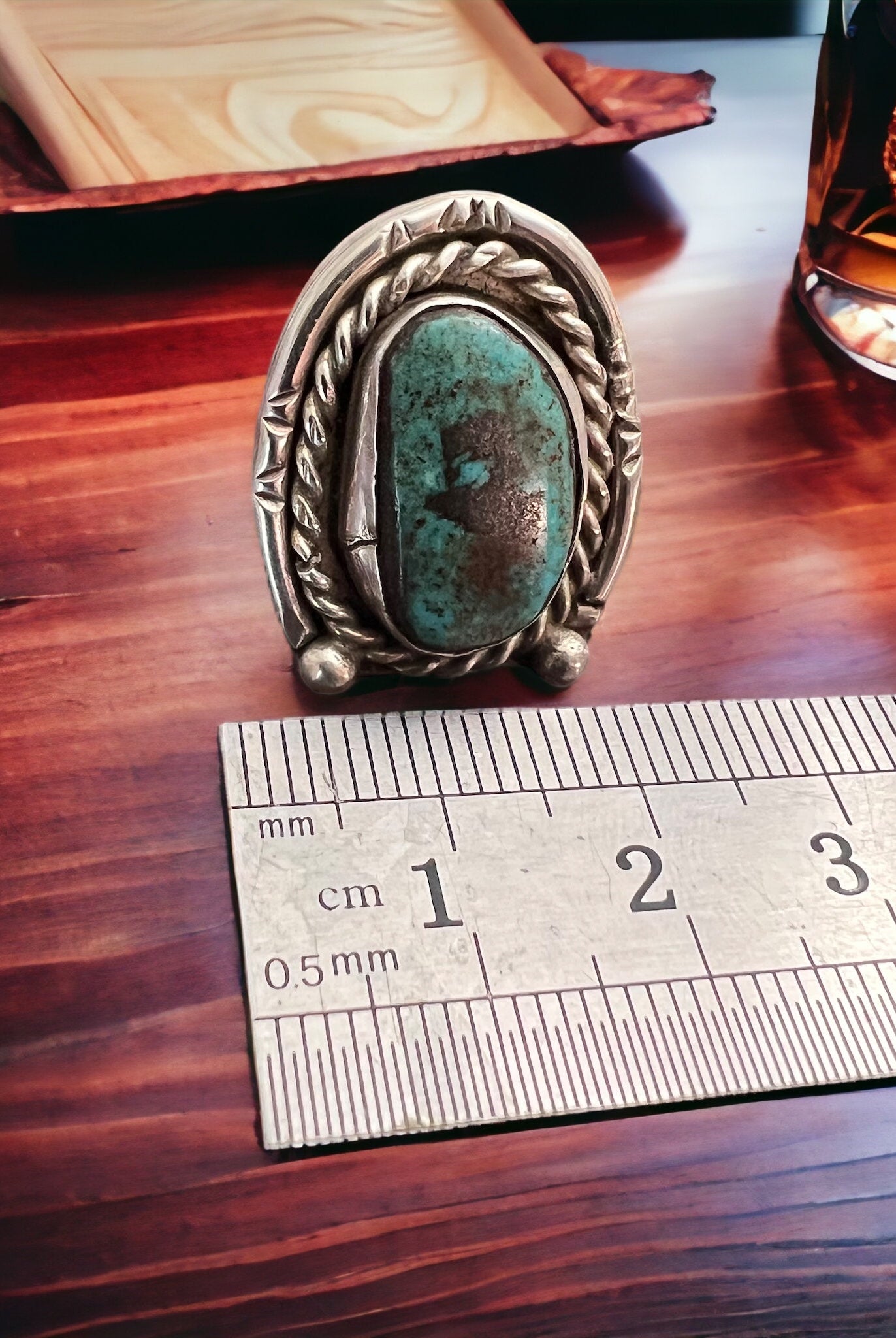 Turquoise ring - Turquoise on horseshoe shaped sterling back - size 6 - Cowhide and Conchos