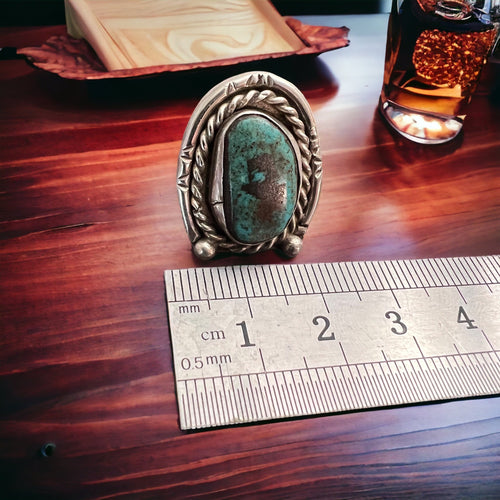 Turquoise ring - Turquoise on horseshoe shaped sterling back - size 6 - Cowhide and Conchos
