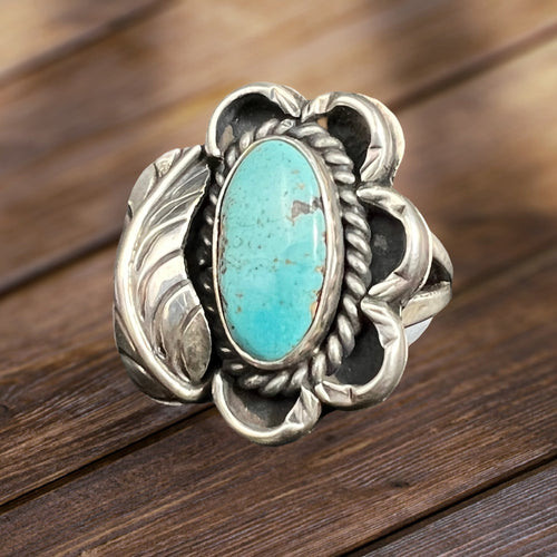 Turquoise ring - Turquoise on sterling silver with leaf - Size 4.5 - Cowhide and Conchos
