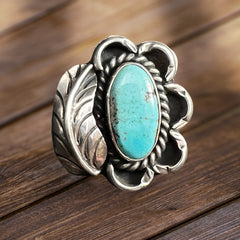 Turquoise ring - Turquoise on sterling silver with leaf - Size 4.5 - Cowhide and Conchos