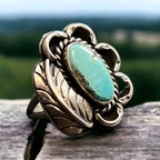 Turquoise ring - Turquoise on sterling silver with leaf - Size 4.5 - Cowhide and Conchos