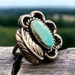 Turquoise ring - Turquoise on sterling silver with leaf - Size 4.5 - Cowhide and Conchos