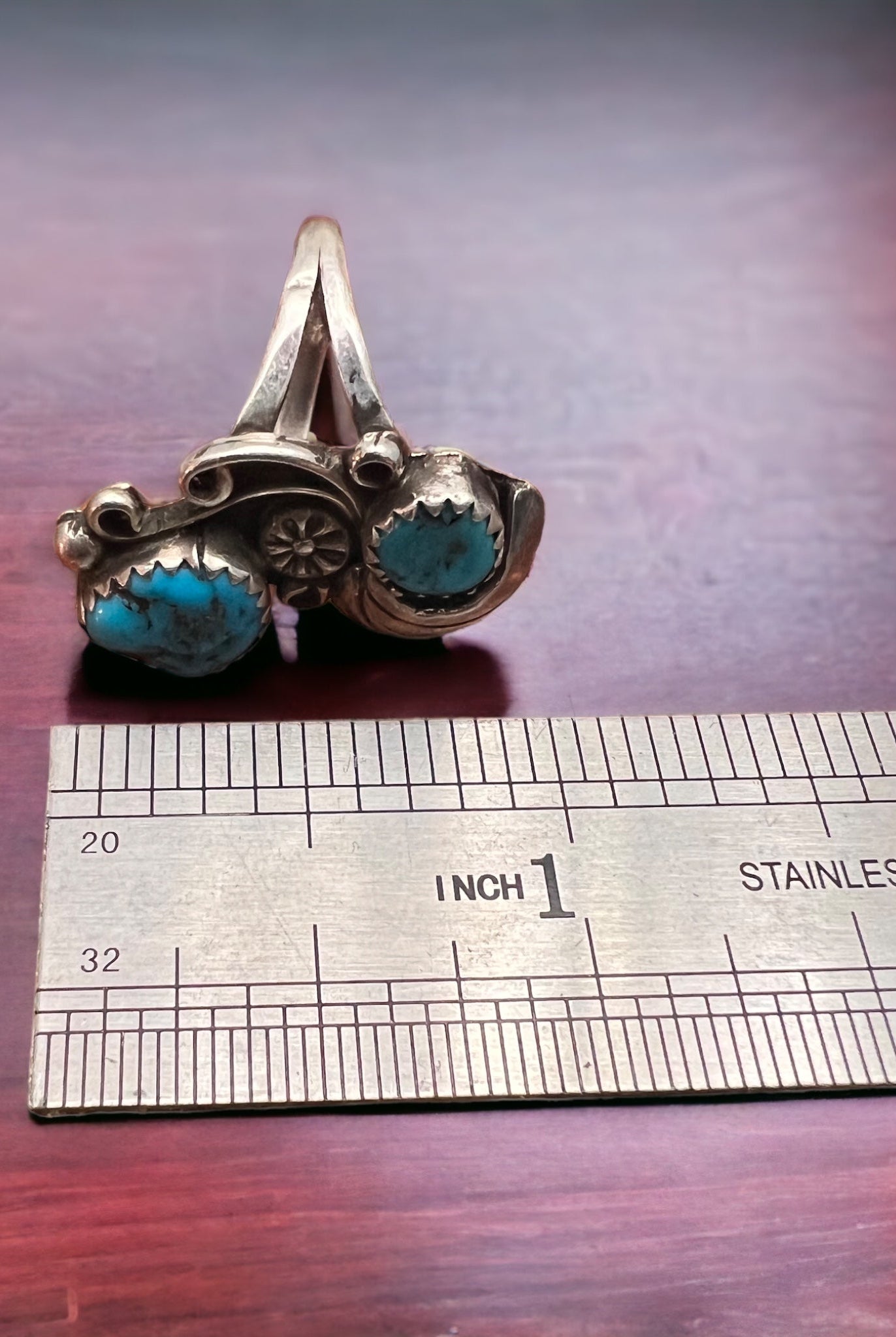 Vintage Native American handmade sterling silver and turquoise ring - Size 5 - Cowhide and Conchos