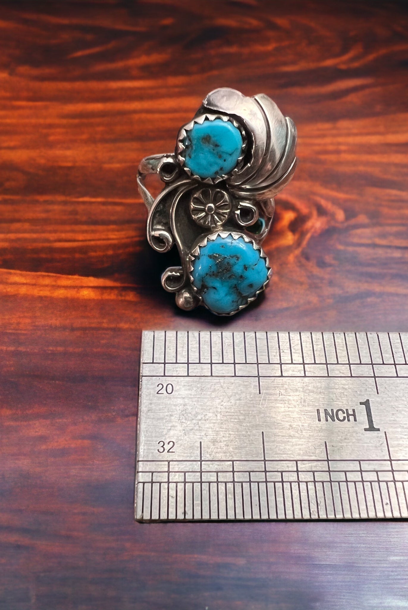 Vintage Native American handmade sterling silver and turquoise ring - Size 5 - Cowhide and Conchos
