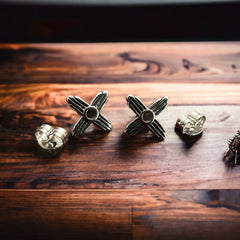 Western Aztec Zia post earrings in sterling silver - Cowhide and Conchos