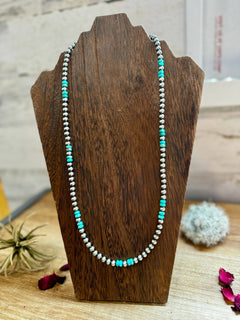 6 mm Sterling Silver Pearls necklace with turquoise rondelles - 23 inch