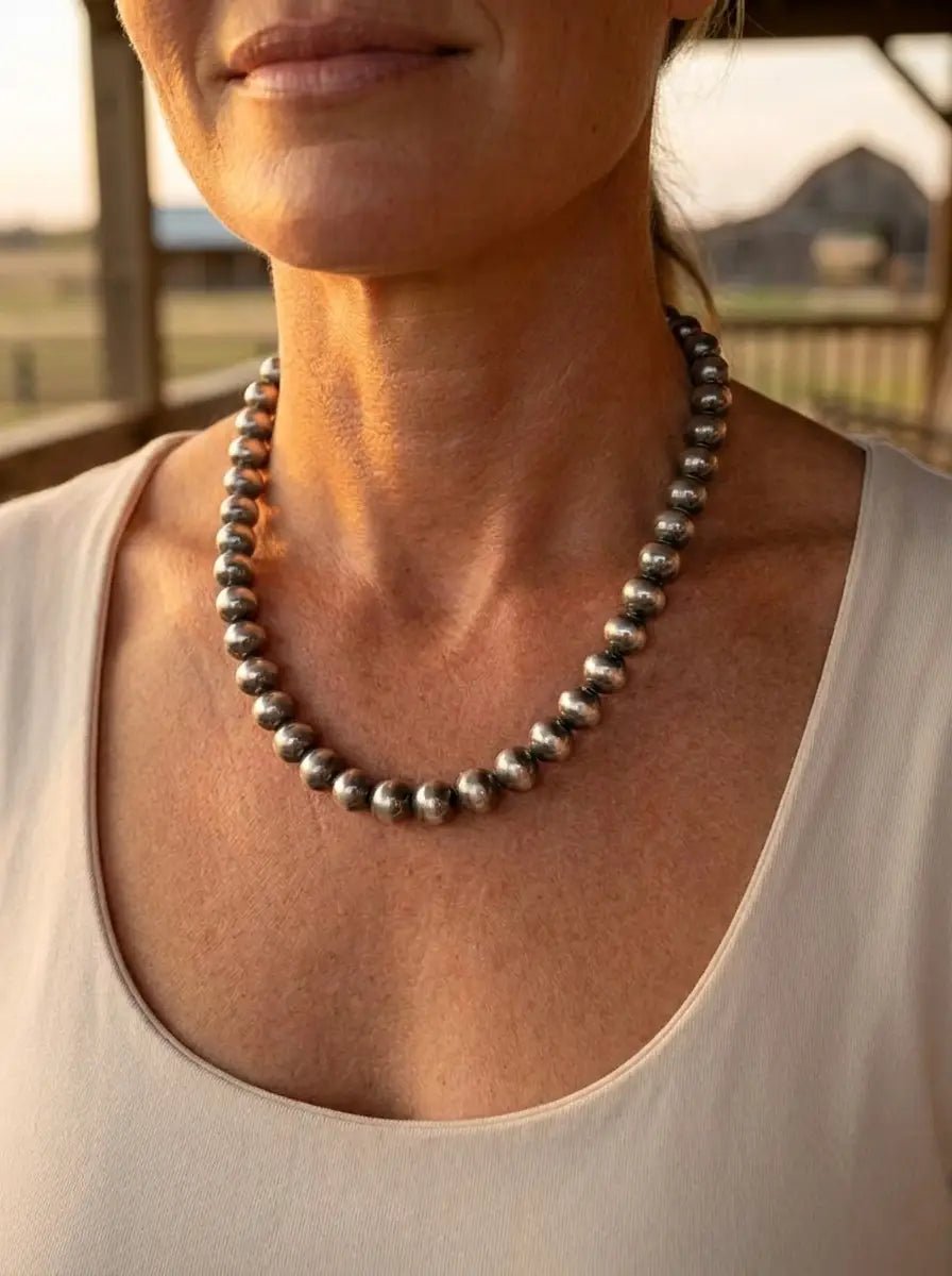 10mm Sterling Pearl Necklace — 18 inch - Cowhide and Conchos