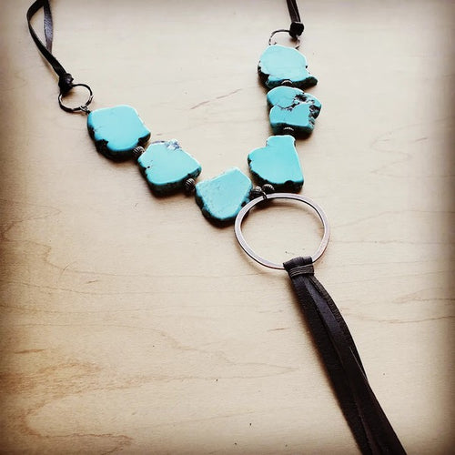 Turquoise Slab Necklace w Genuine Leather Tassel