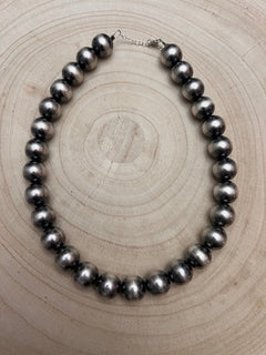 12 mm Sterling Silver Pearls Statement Necklace - 16 inch - Cowhide and Conchos
