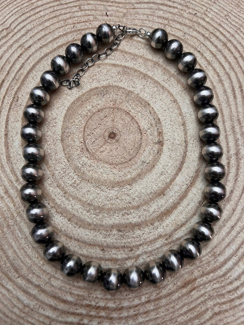 12 mm Sterling Silver Pearls Statement Necklace - 16 inch - Cowhide and Conchos