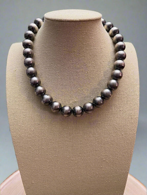 12 mm Sterling Silver Pearls Statement Necklace - 16 inch - Cowhide and Conchos
