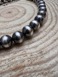 12 mm Sterling Silver Pearls Statement Necklace - 16 inch - Cowhide and Conchos