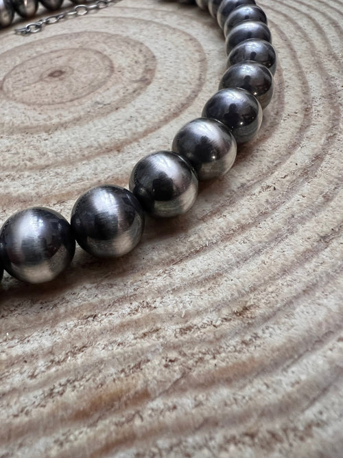 12 mm Sterling Silver Pearls Statement Necklace - 16 inch - Cowhide and Conchos