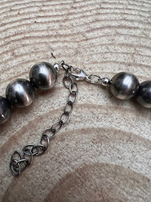 12 mm Sterling Silver Pearls Statement Necklace - 16 inch - Cowhide and Conchos