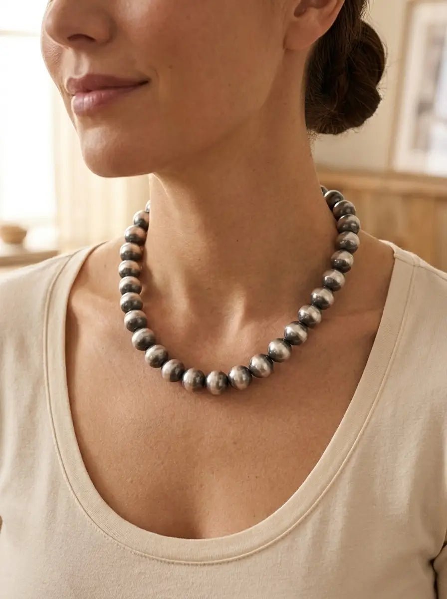 12mm Sterling Pearl Necklace — 18 inch - Cowhide and Conchos