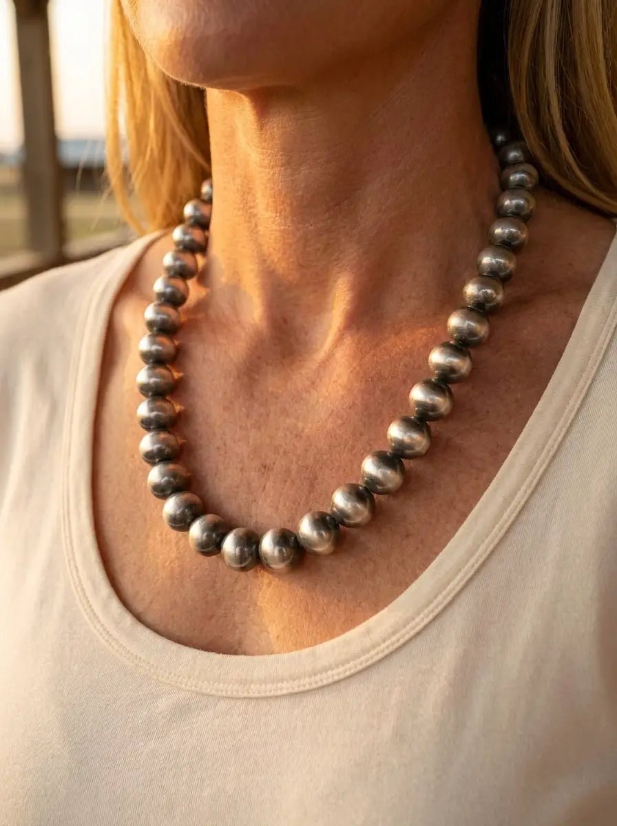 12mm Sterling Pearl Necklace — 20 inch - Cowhide and Conchos