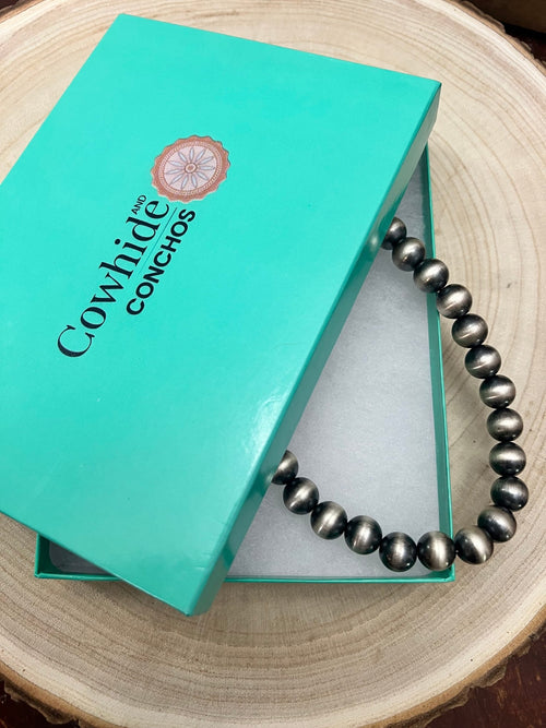 12mm Sterling Silver Pearls Necklace - 18 inch - Cowhide and Conchos