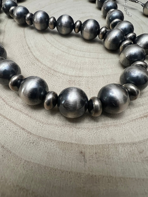 14mm & 10mm saucer Sterling Silver Pearls Statement Necklace - 35 inch - Cowhide and Conchos
