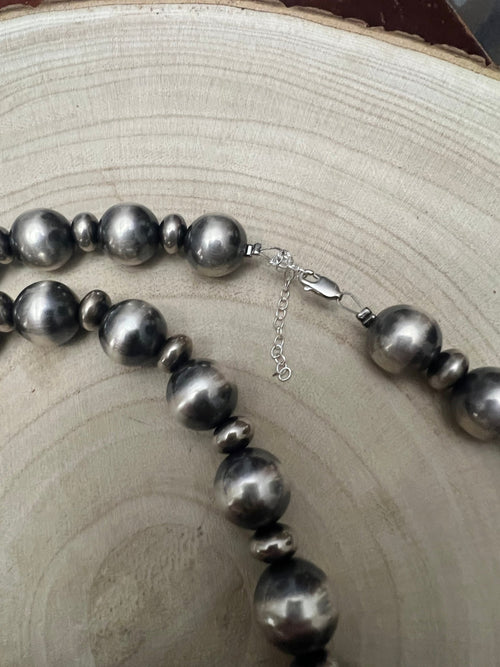 14mm & 10mm saucer Sterling Silver Pearls Statement Necklace - 35 inch - Cowhide and Conchos