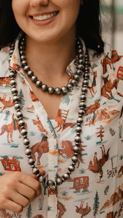 14mm & 10mm saucer Sterling Silver Pearls Statement Necklace - 35 inch - Cowhide and Conchos