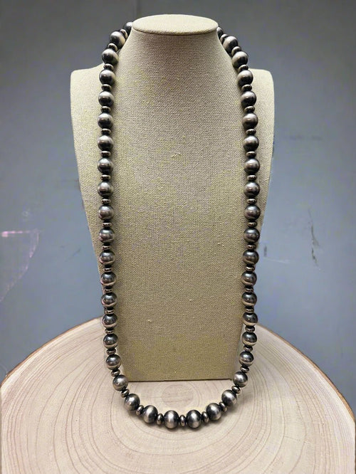 14mm & 10mm saucer Sterling Silver Pearls Statement Necklace - 35 inch - Cowhide and Conchos