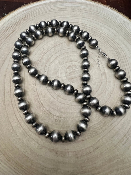 14mm & 10mm saucer Sterling Silver Pearls Statement Necklace - 35 inch - Cowhide and Conchos