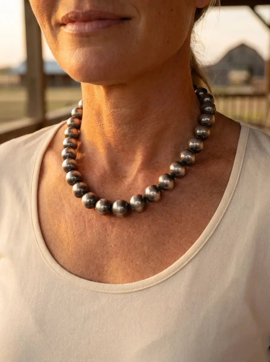 14mm Sterling Pearl Necklace — 16 inch - Cowhide and Conchos