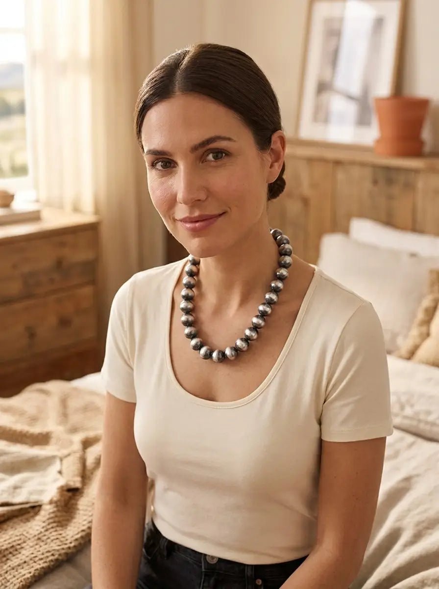 14mm Sterling Pearl Necklace — 18 inch - Cowhide and Conchos