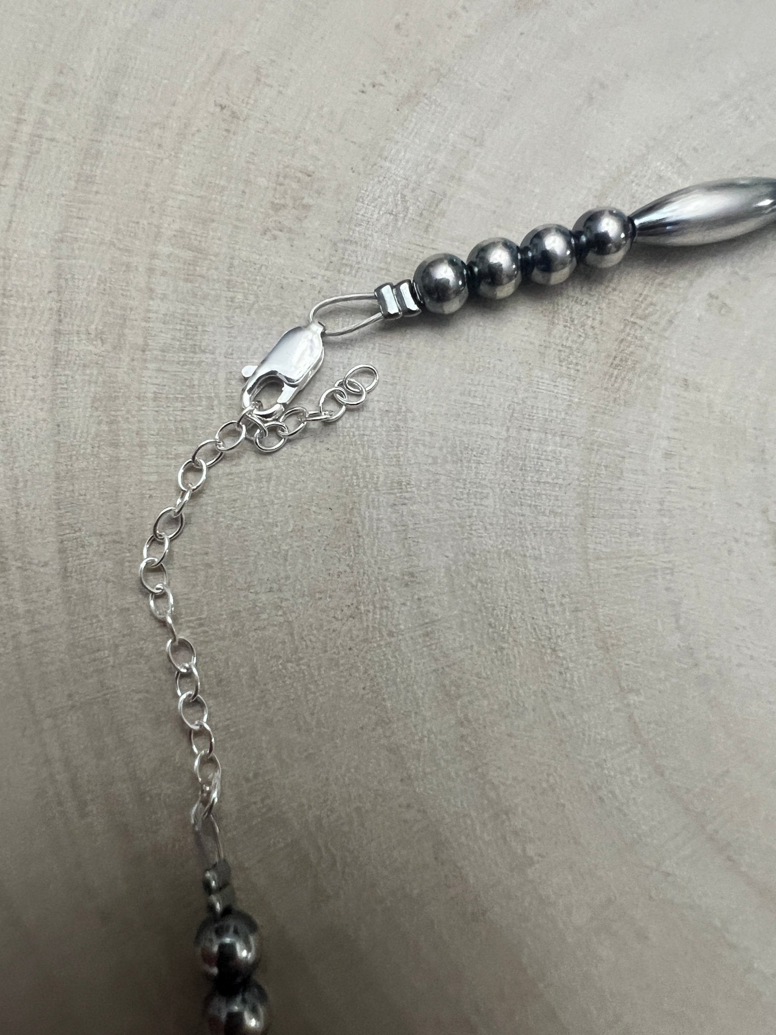 15” Torpedo Bead Necklace – Sterling Silver - Cowhide and Conchos