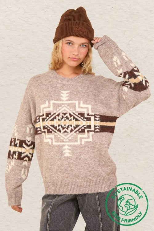 Aztec Graphic Cozy Sweater - Heathered Grey or Oatmeal Colors