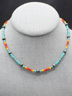 16" Multicolor Seed Bead and Faux Pearl Necklace - Cowhide and Conchos
