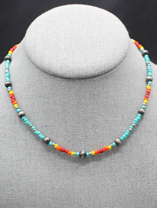 16" Multicolor Seed Bead and Faux Pearl Necklace - Cowhide and Conchos