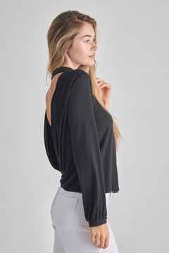 O2 Long Sleeve Draped Back Mock Neck Top