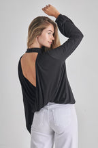 O2 Long Sleeve Draped Back Mock Neck Top